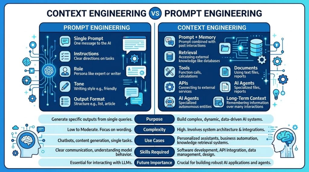 omparison infographic explaining the differences between Context Engineering and Prompt Engineering, including memory, AI agents, tools, APIs, retrieval, and prompt-based workflows.