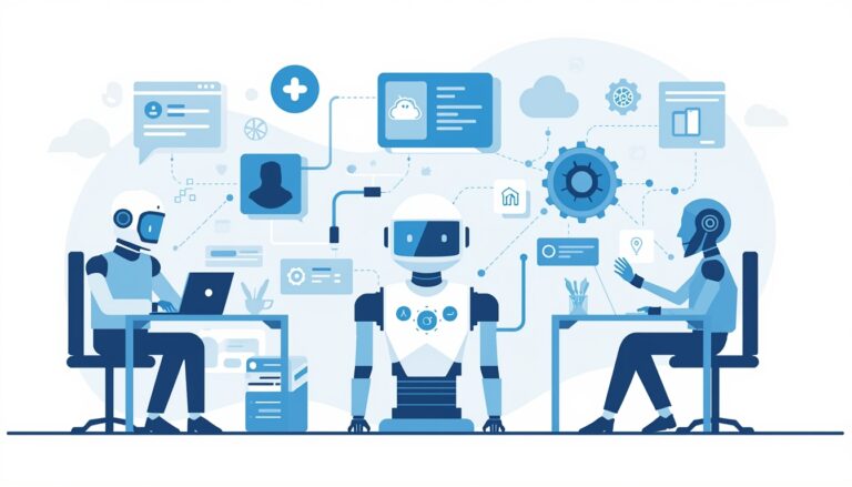 AI Agents ಮತ್ತು Agentic AI ಹೇಗೆ automation ಮತ್ತು AutoGPT ಮೂಲಕ ಕೆಲಸ ಮಾಡುತ್ತವೆ ಎಂಬುದನ್ನು ತೋರಿಸುವ illustration