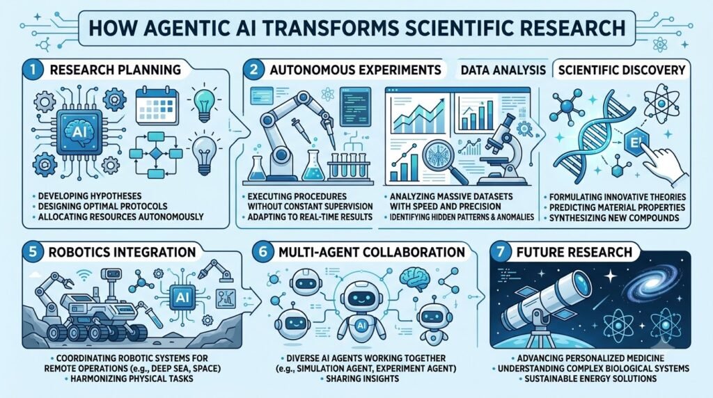 Agentic AI Scientific Research workflow infographic showing autonomous planning, experiments, AI analysis and scientific discoveries