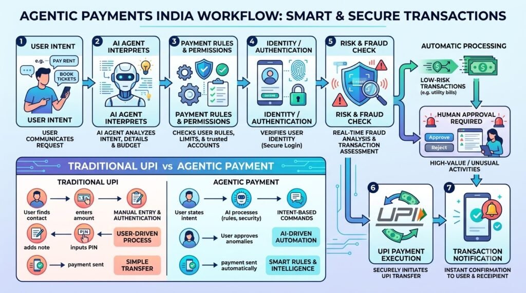 Agentic Payments India AI agent UPI payment workflow infographic