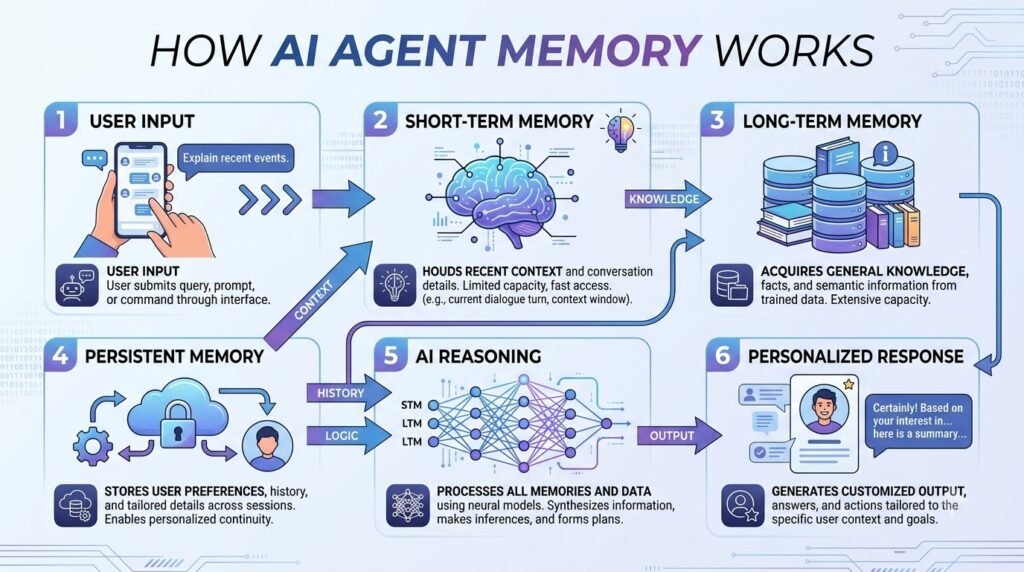 AI Agent Memory infographic showing short-term memory, long-term memory, persistent memory and personalized AI responses