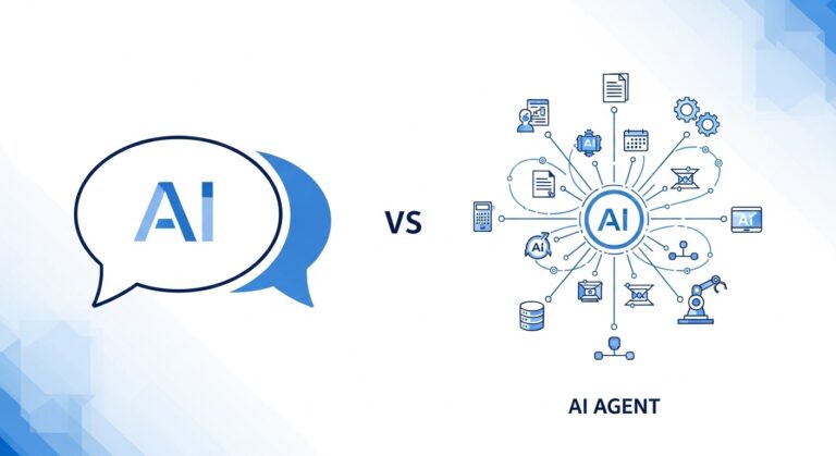 AI Agents ಮತ್ತು Chatbots ನಡುವಿನ ವ್ಯತ್ಯಾಸ ತೋರಿಸುವ illustration