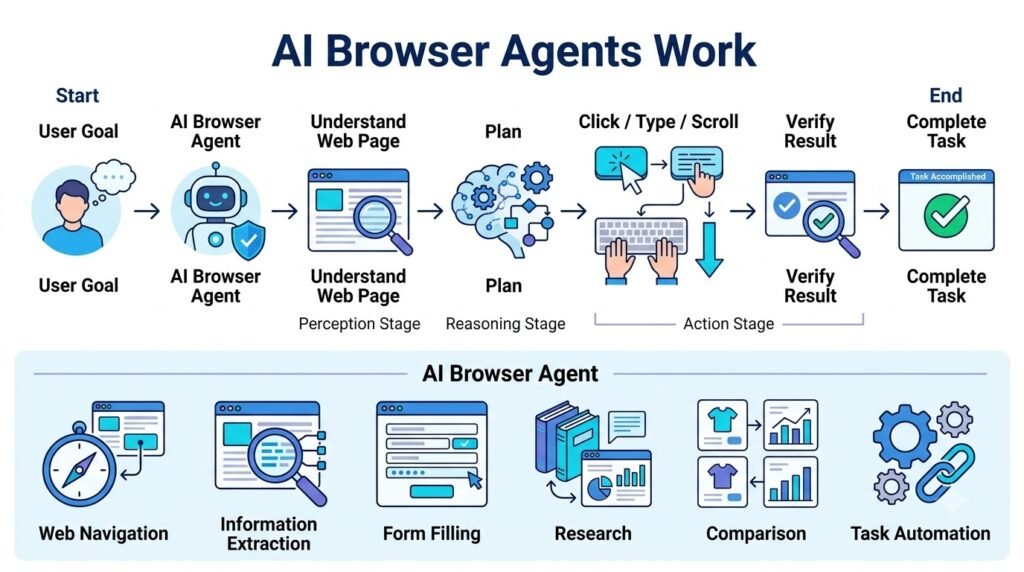 AI Browser Agents workflow from web browsing to task completion