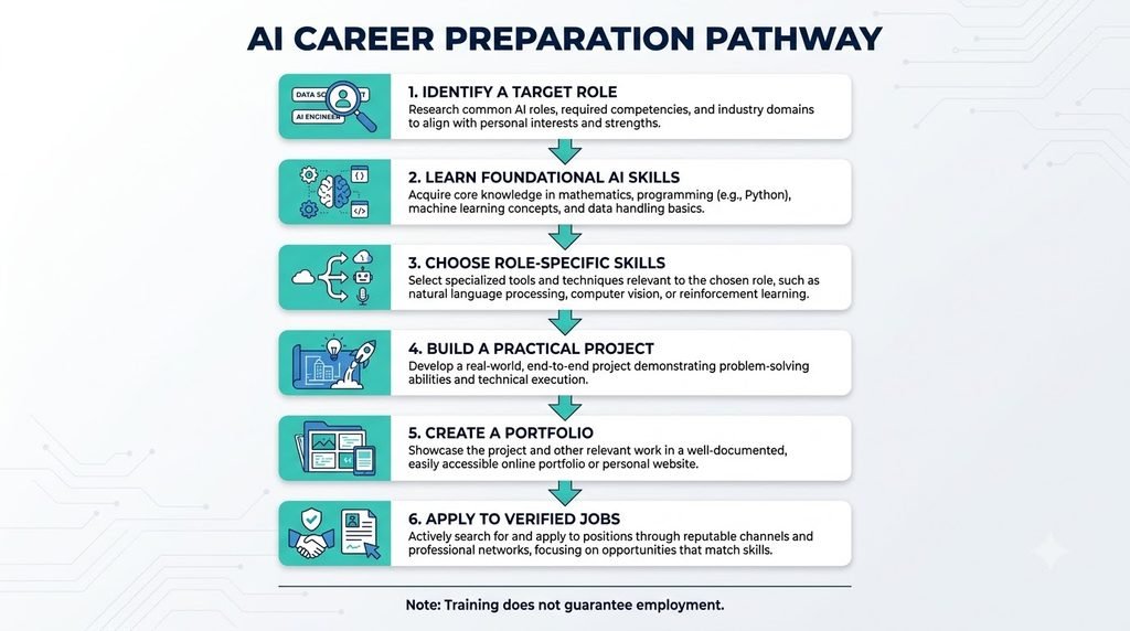 AI career pathway in India showing skills training, practical projects, portfolio development and job applications