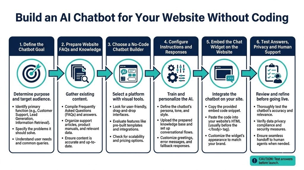Six steps to build a no-code AI chatbot for a website, from preparing knowledge to testing and launch