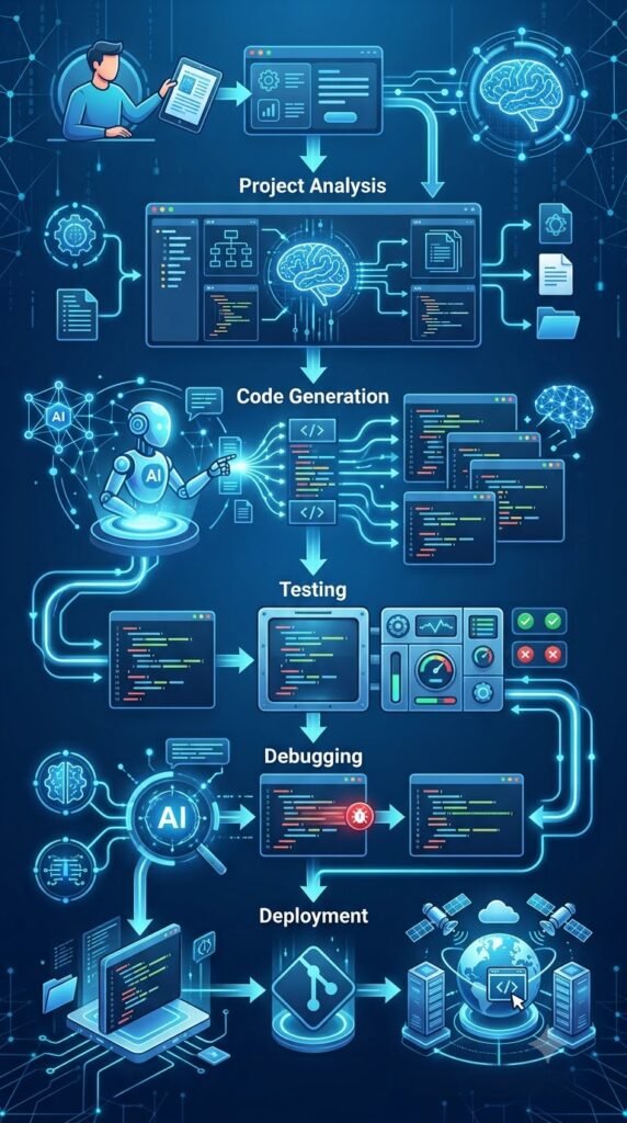 AI Coding Agents workflow showing planning, coding, testing and deployment.