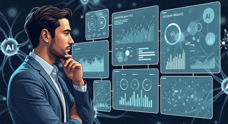 Human analyzing AI-generated insights and data dashboards for decision making