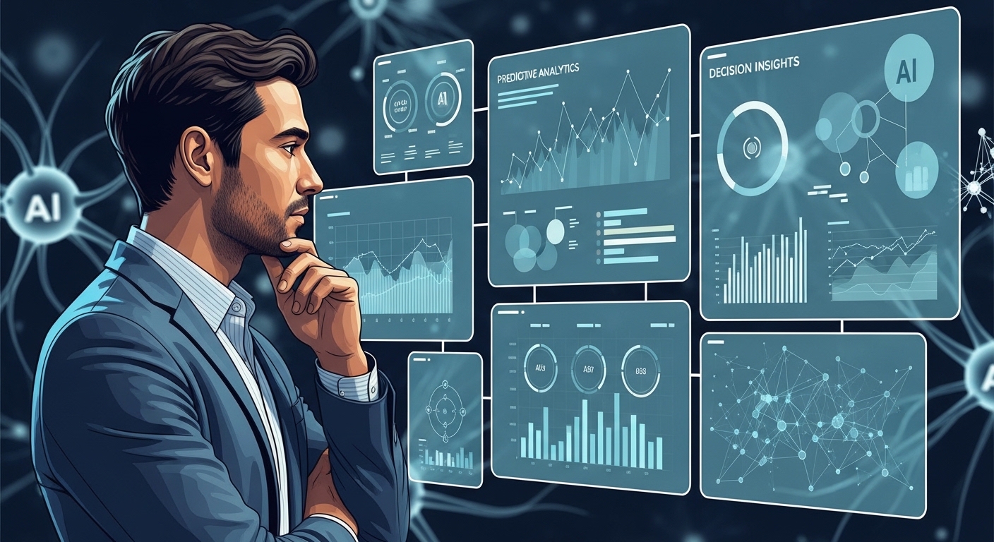Human analyzing AI-generated insights and data dashboards for decision making