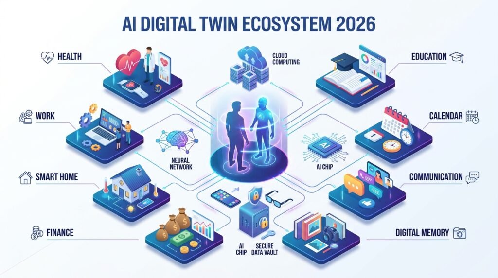 Infographic showing the AI Digital Twin ecosystem connecting health, education, work, finance, smart home, and digital memory.