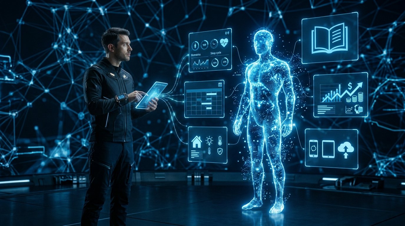 AI Digital Twin Future 2026 showing an intelligent virtual self connected to cloud AI, smart devices, and digital services.