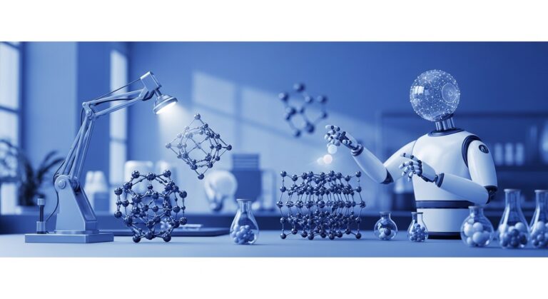 AI ಹೊಸ ಔಷಧಿ ಮತ್ತು ಹೊಸ materials discover ಮಾಡುತ್ತಿರುವ scientific illustration