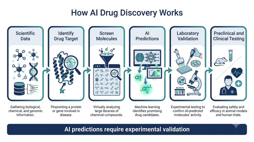 AI Drug Discovery workflow from scientific data and molecule screening to laboratory validation and clinical testing