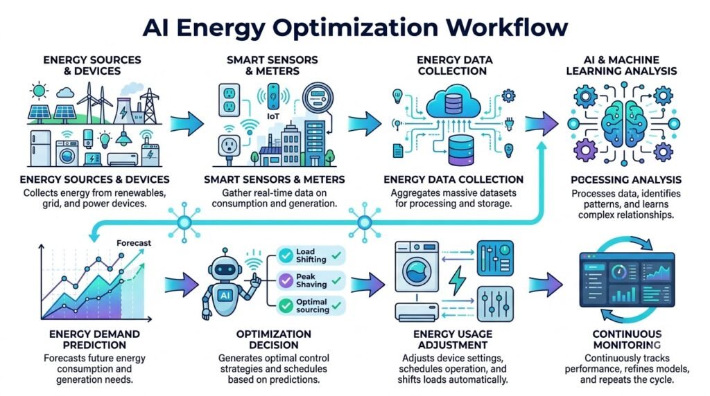 AI Energy Optimization workflow: energy Data collectionನಿಂದ optimization ಮತ್ತು monitoringವರೆಗೆ