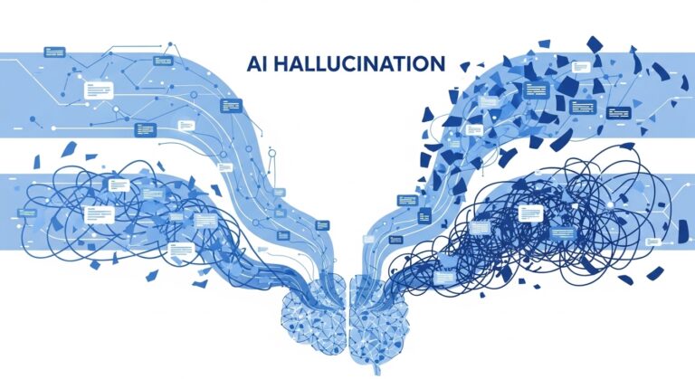 AI hallucination ನಲ್ಲಿ AI system correct ಮತ್ತು wrong information mix ಮಾಡಿ generate ಮಾಡುವ concept illustration
