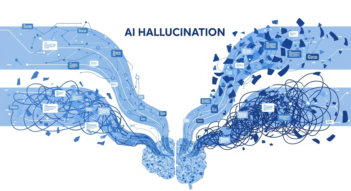 AI hallucination ನಲ್ಲಿ AI system correct ಮತ್ತು wrong information mix ಮಾಡಿ generate ಮಾಡುವ concept illustration