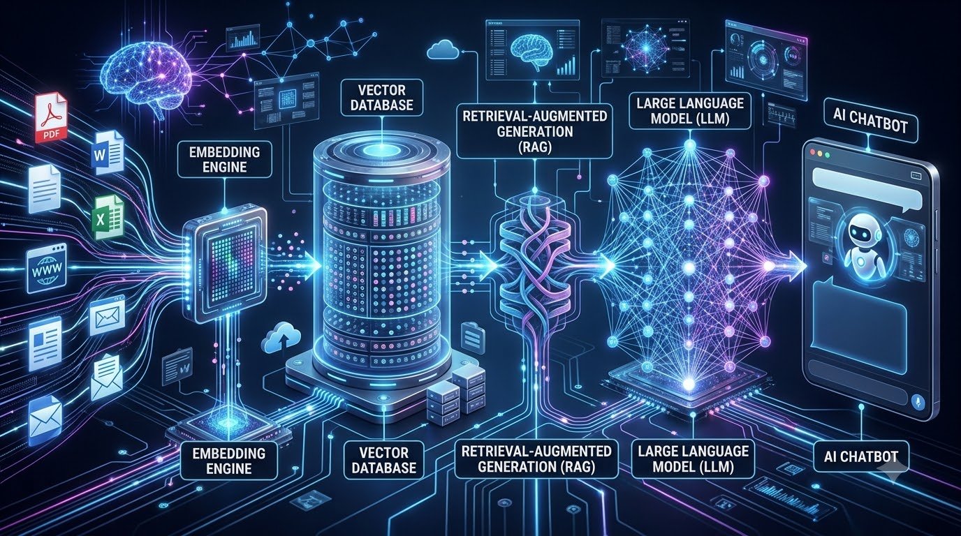 AI Knowledge Base architecture connecting documents, vector database, AI chatbot and users.