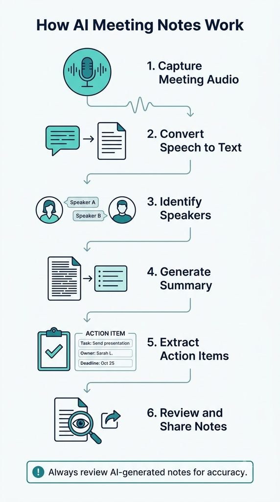 AI meeting tools turn conversations into structured notes, but human review remains essential.