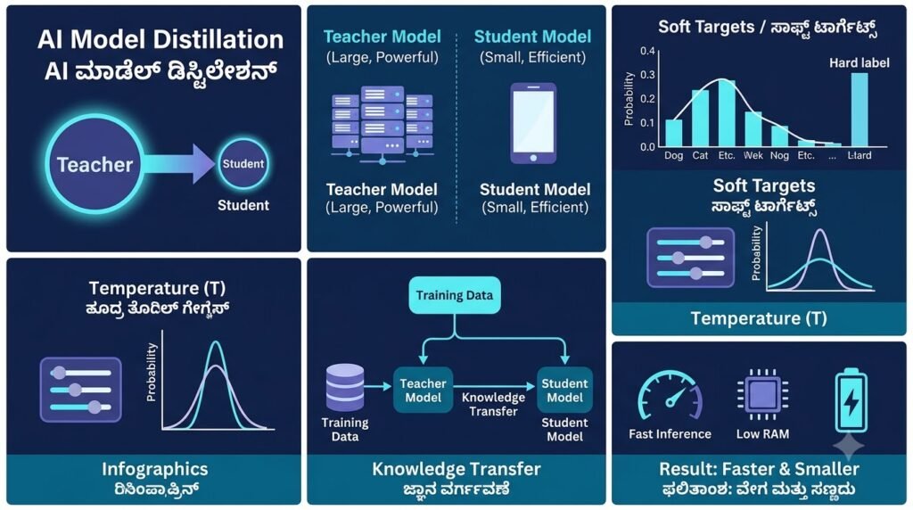 AI Model Distillation workflow showing teacher model knowledge transfer to student model