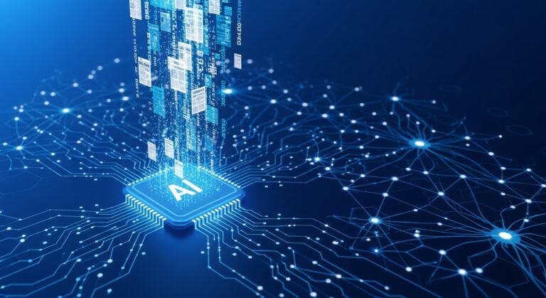 Large datasets AI chip ಗೆ feed ಆಗಿ AI model training ನಡೆಯುತ್ತಿರುವ illustration