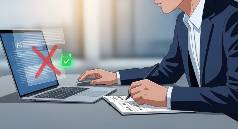 Professional verifying AI-generated output for accuracy and correctness