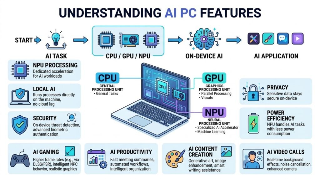 AI PC Features showing CPU GPU NPU and on-device AI processing