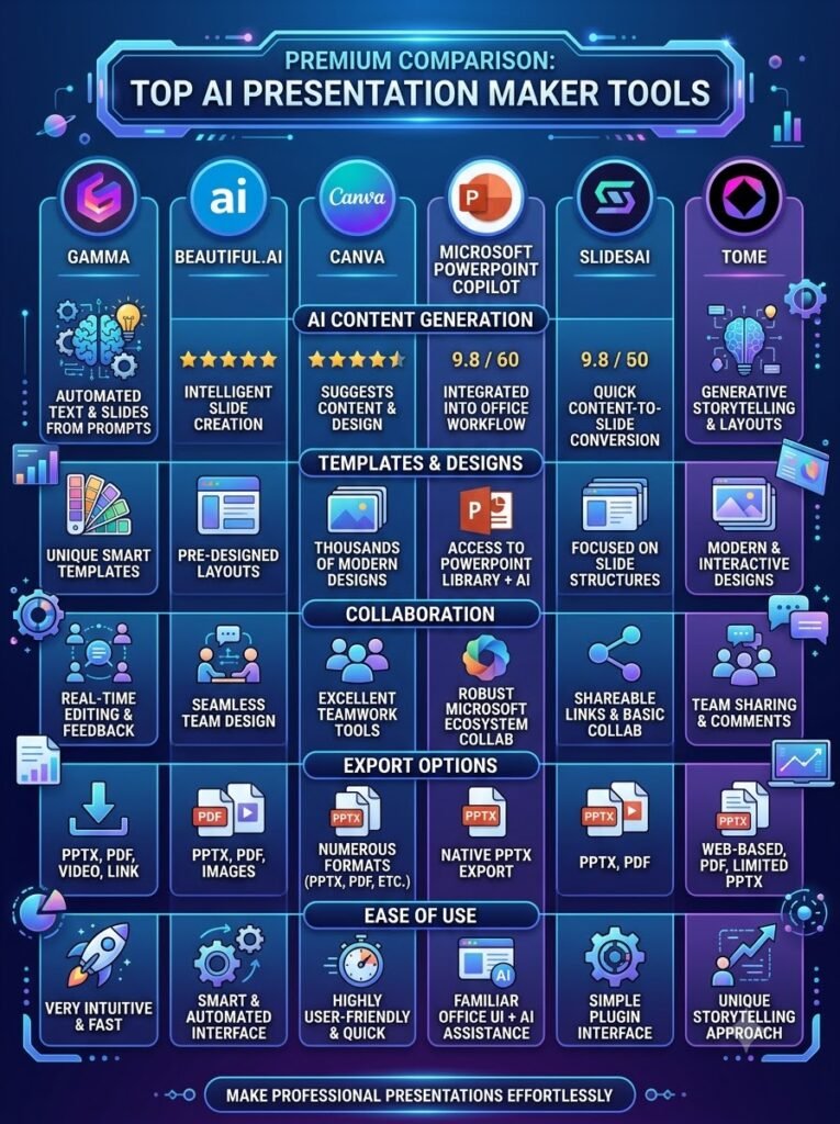 Comparison of popular AI Presentation Maker tools with features for students and professionals.