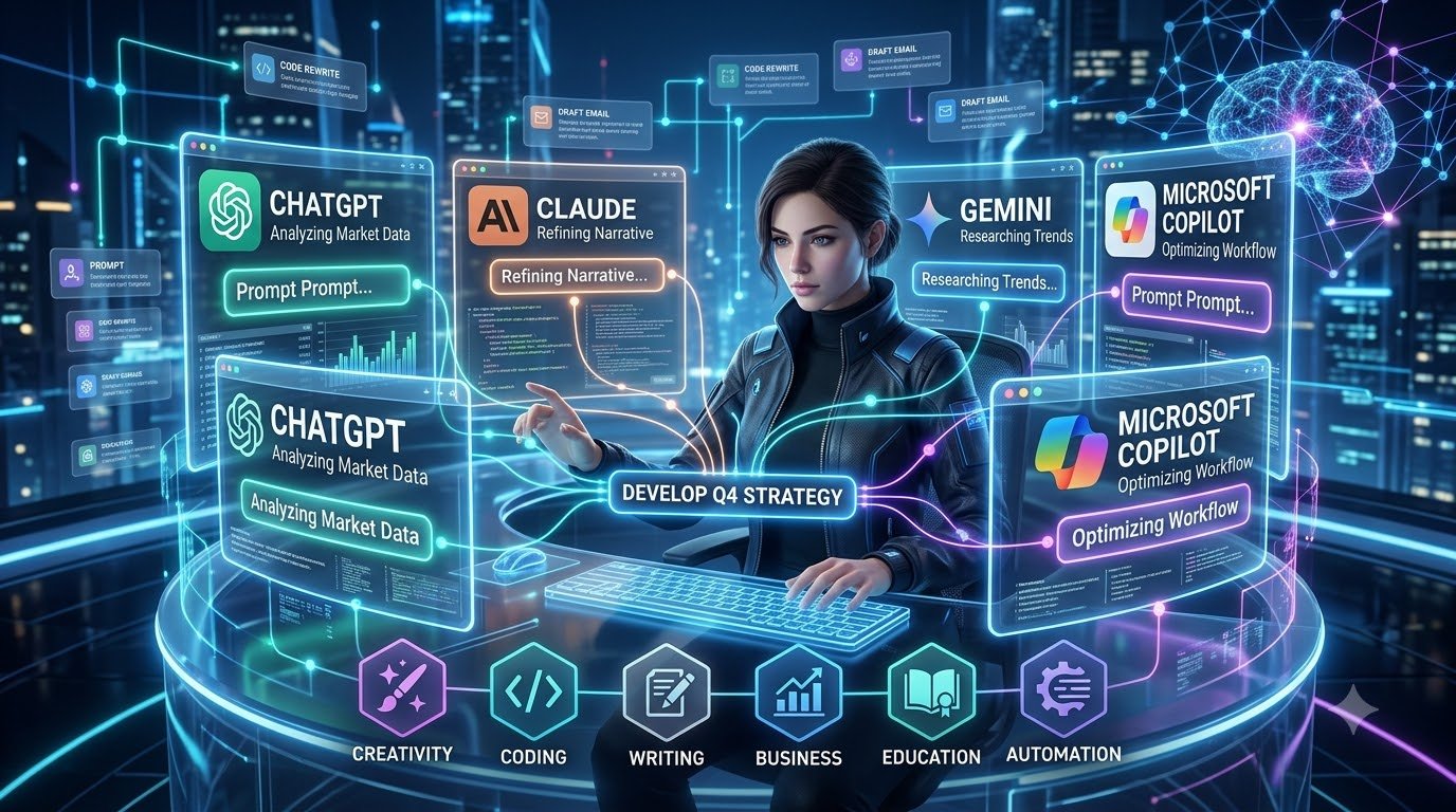 AI Prompt Engineering best practices illustrated with ChatGPT, Claude, Gemini and Microsoft Copilot generating high-quality AI responses.