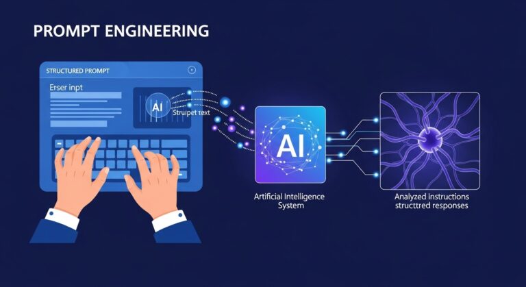 User prompt ನೀಡಿ AI system analyse ಮಾಡಿ structured response generate ಮಾಡುವ prompt engineering concept illustration