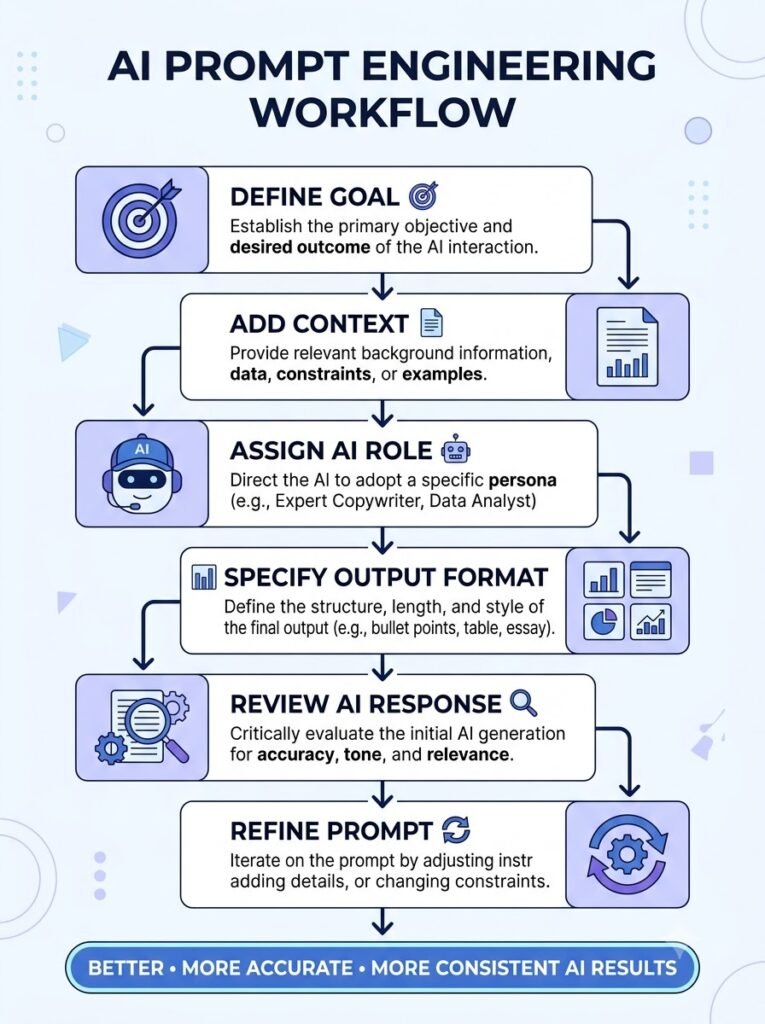 AI Prompt Engineering workflow infographic showing goal, context, role, output format, refinement and better AI results.