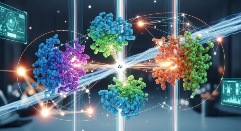 AI system protein structures analyse ಮಾಡಿ folding predict ಮಾಡುವ scientific discovery illustration