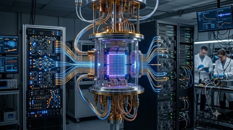 AI Quantum AI showing quantum computer qubits and artificial intelligence data processing