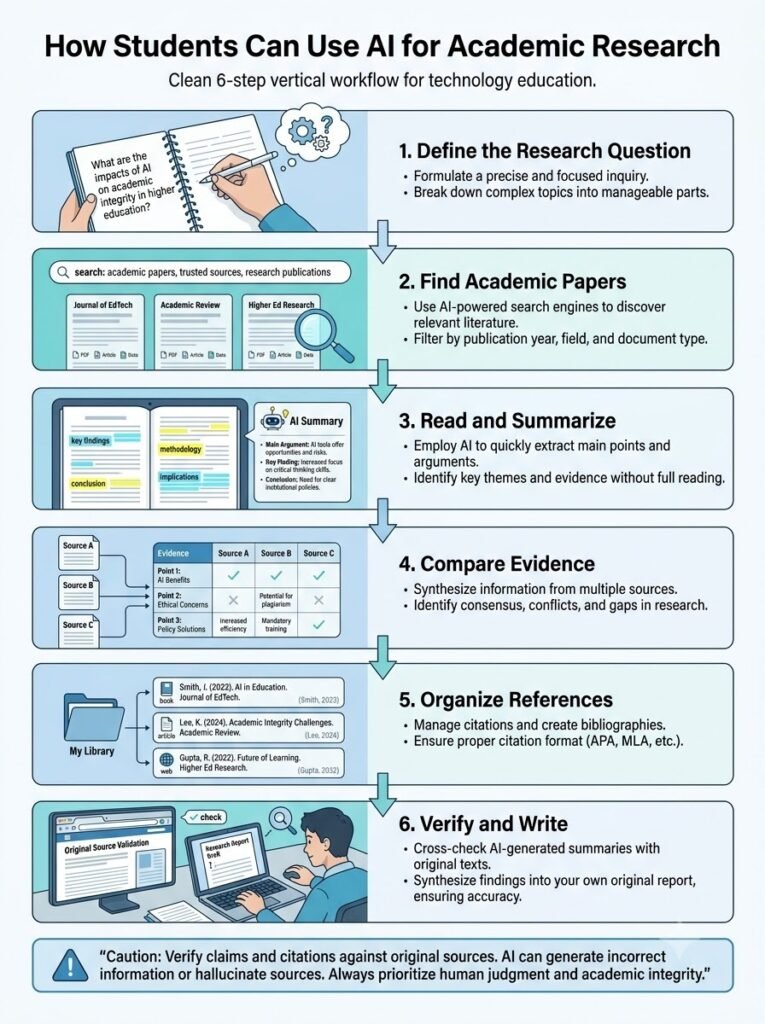 AI research workflow showing paper discovery, summarization, evidence comparison, citation organization and verification