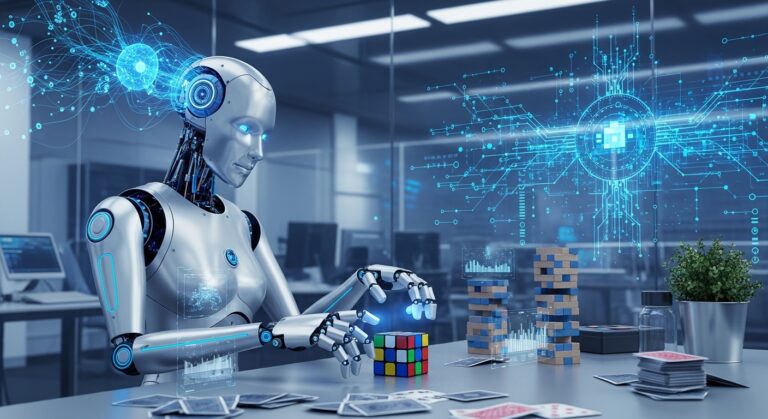 AI robot real world environment ನಲ್ಲಿ objects handle ಮಾಡಿ learning process ಮಾಡುವ illustration