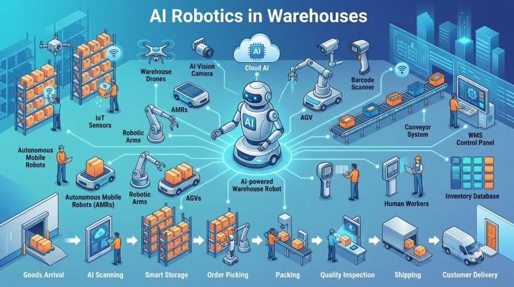 AI Robotics infographic showing smart warehouse automation workflow.