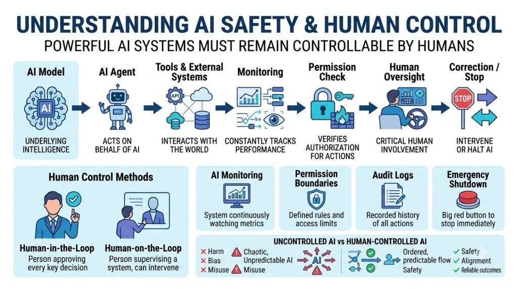 AI Safety and Human Control showing AI monitoring human oversight and shutdown