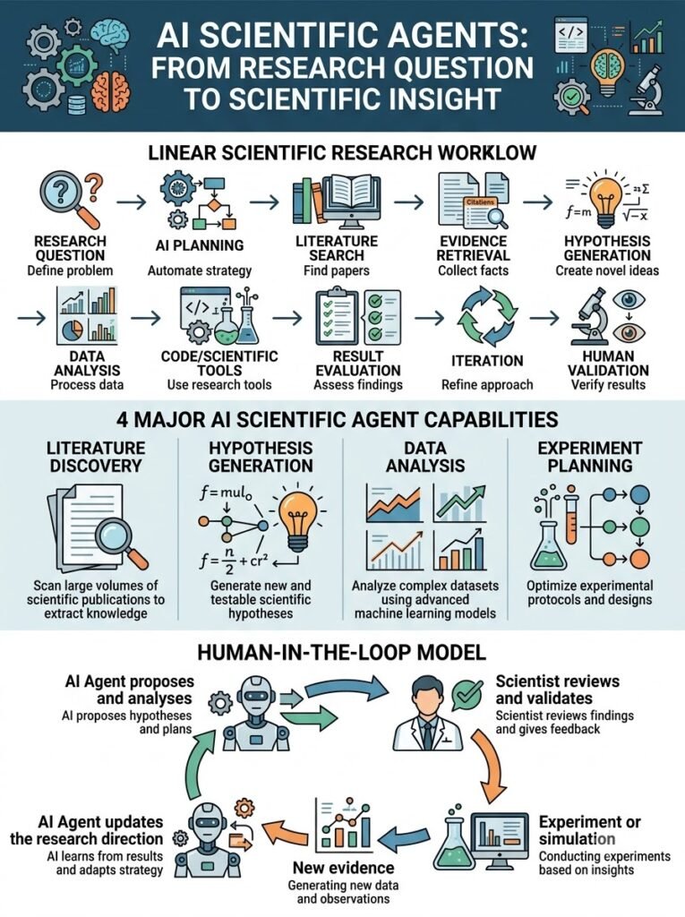 AI Scientific Agents workflow from research question to literature analysis hypothesis generation data analysis and human validation