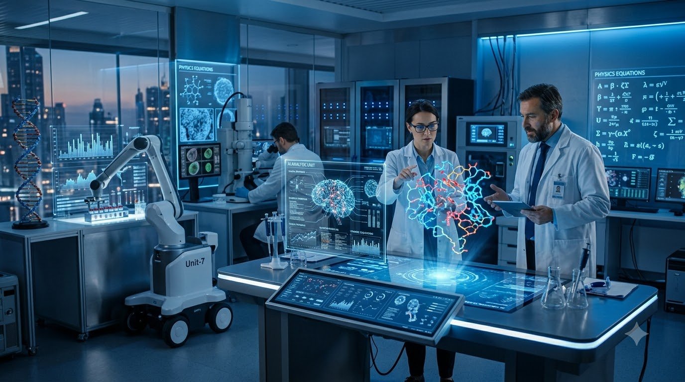 AI Scientist autonomously analyzing scientific data, conducting experiments, and discovering new knowledge in a futuristic research laboratory.