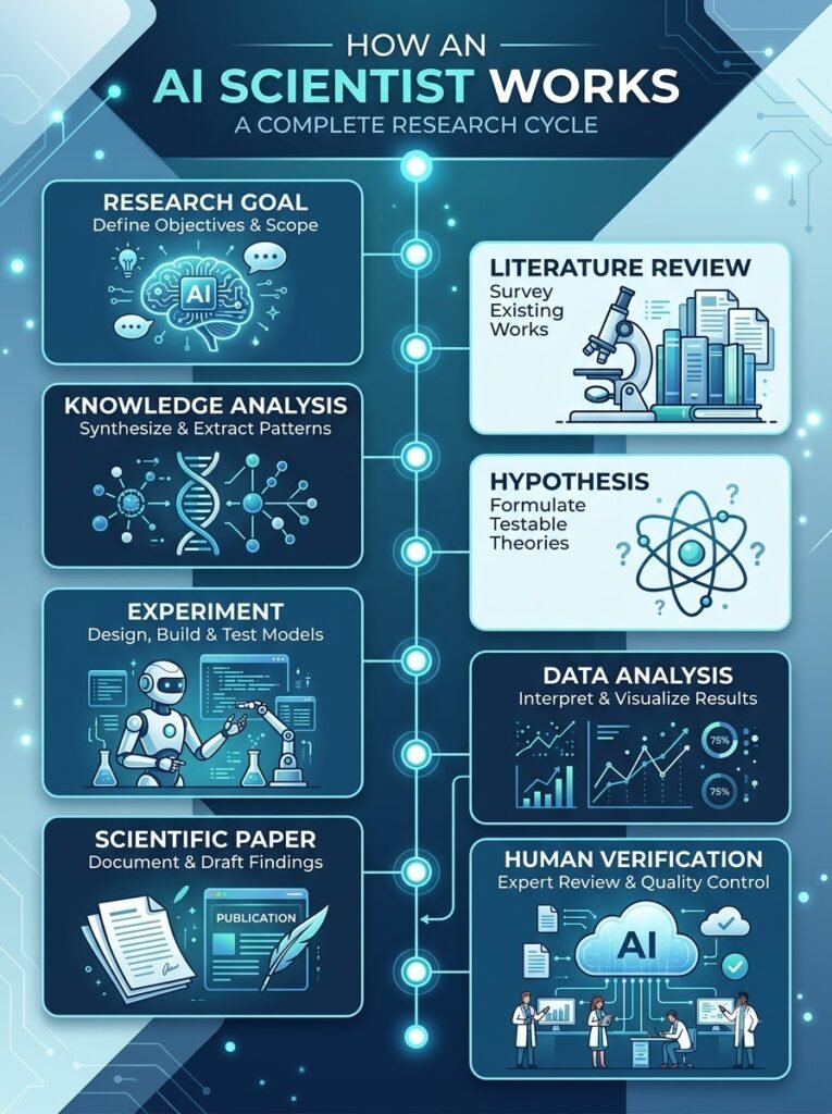Infographic explaining the AI Scientist workflow from literature review to hypothesis generation, experiments, analysis and publication.