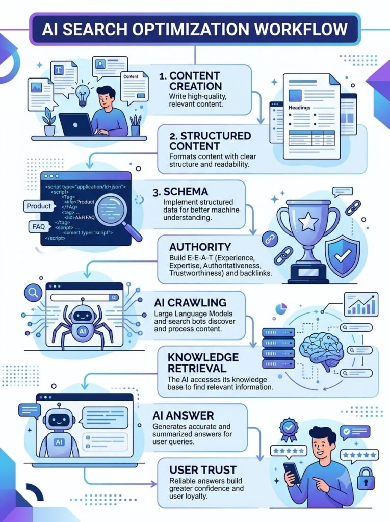 Infographic showing the AI Search Optimization workflow from content creation to AI search visibility.