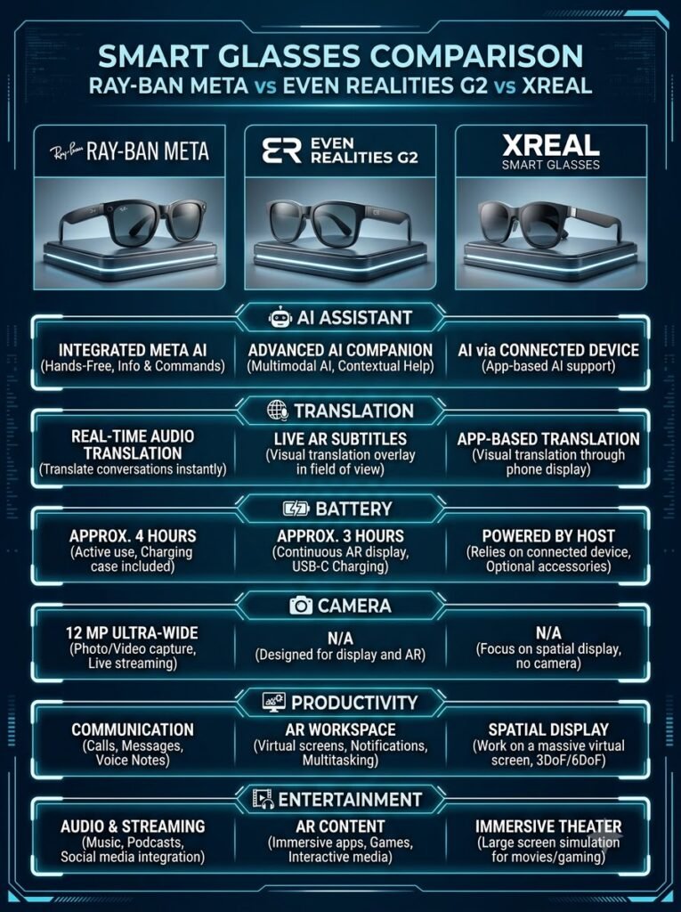 Comparison of the best AI smart glasses in 2026 including Ray-Ban Meta, Even Realities G2 and XREAL.