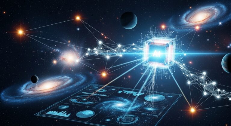 Artificial Intelligence space data analyze ಮಾಡಿ planets ಮತ್ತು galaxies discover ಮಾಡುವ illustration