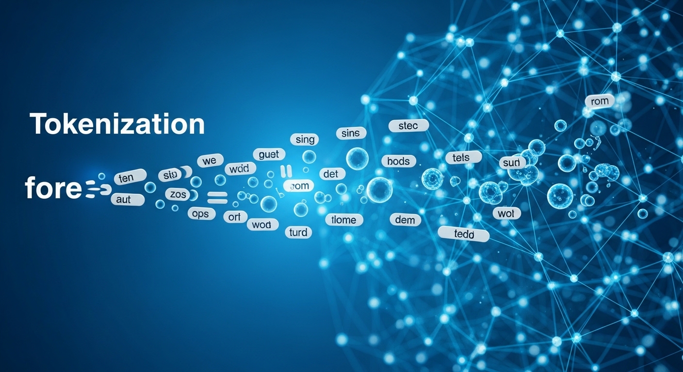 AI system sentence ಅನ್ನು small tokens ಆಗಿ break ಮಾಡಿ language process ಮಾಡುವ tokenization concept illustration