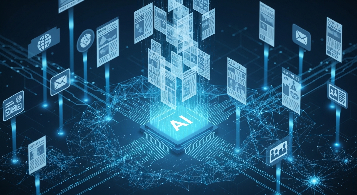 AI system news articles data analyse ಮಾಡಿ training ಮಾಡುತ್ತಿರುವ global AI data licensing concept illustration