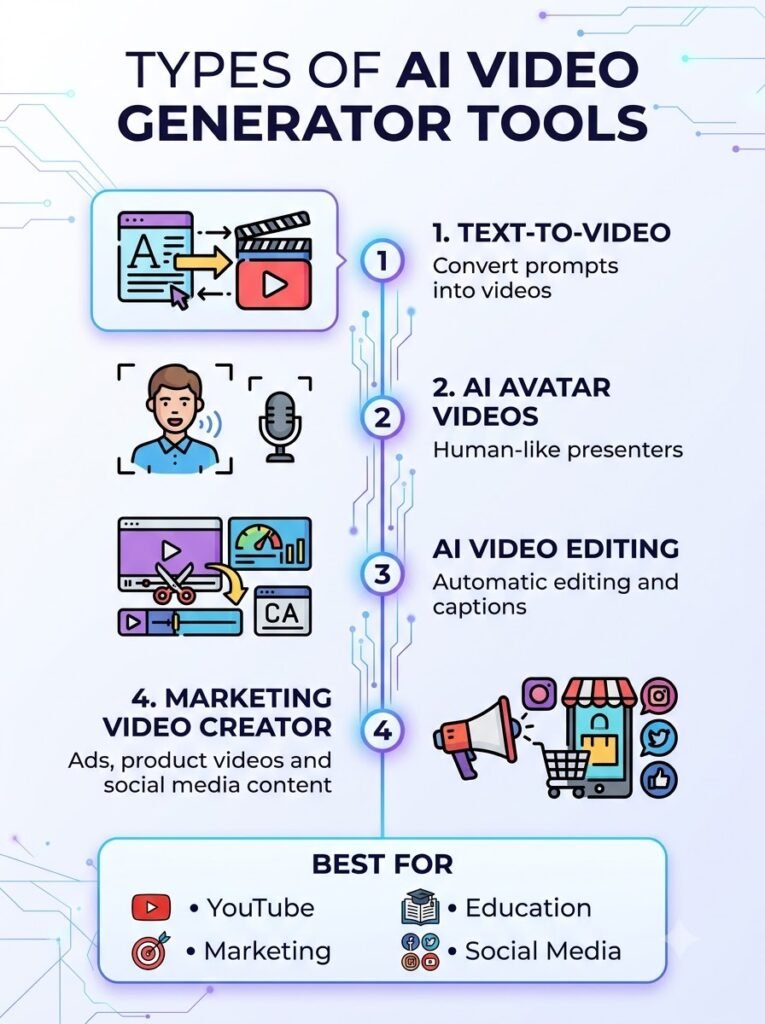 AI Video Generator infographic comparing Text-to-Video, AI Avatars, Video Editing and Marketing Video tools.