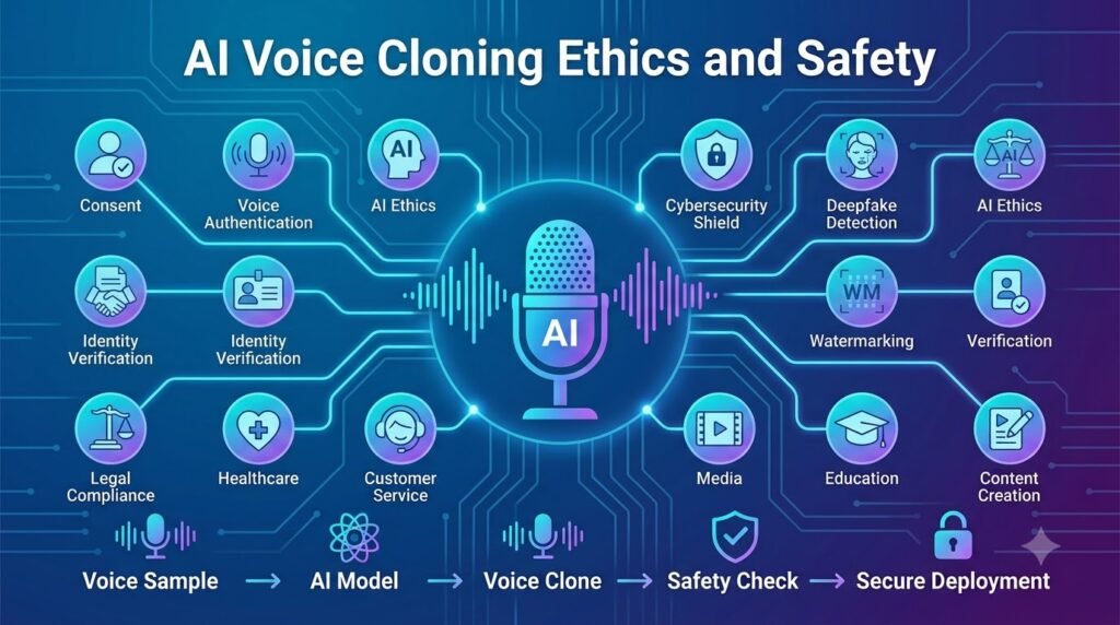 AI Voice Cloning ethics and safety infographic showing consent, privacy, and voice authentication.