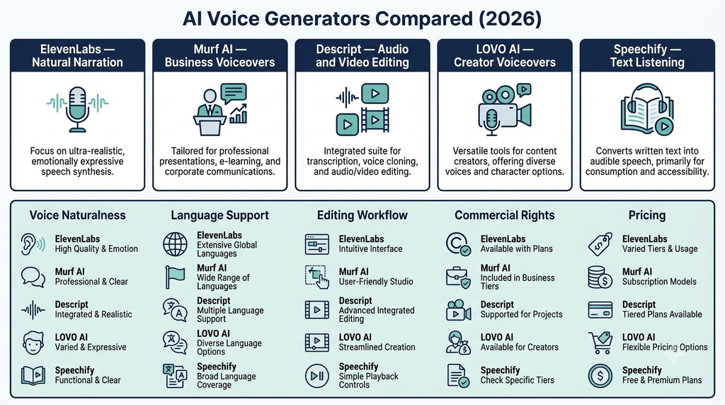 AI Voice Generator comparison showing five tools and key features for creators