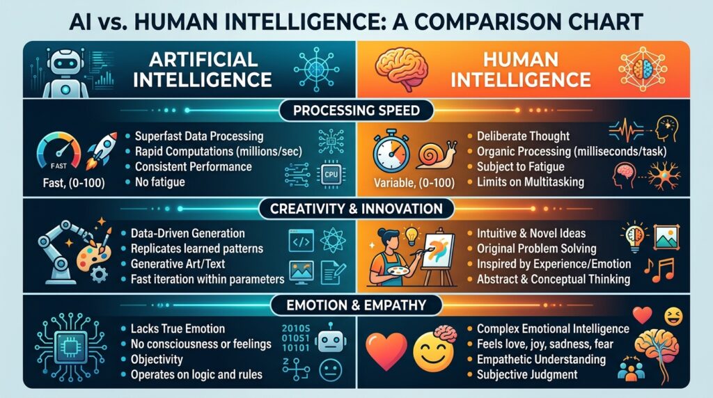AI vs human intelligence differences infographic