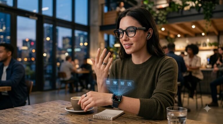 AI Wearable Devices workflow showing smart glasses smartwatch earbuds and AI assistant
