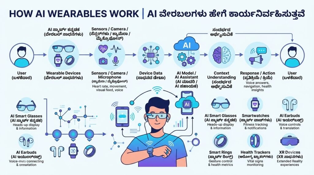 AI Wearables types showing smart glasses smartwatch earbuds and AI assistant workflow