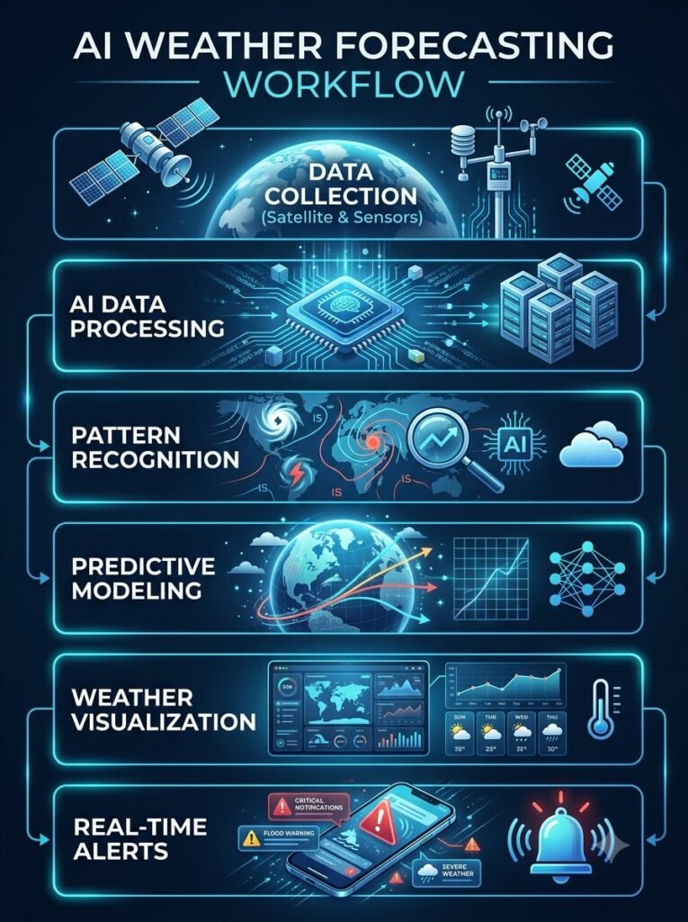AI Weather Forecasting workflow using satellite data, radar information and machine learning models.